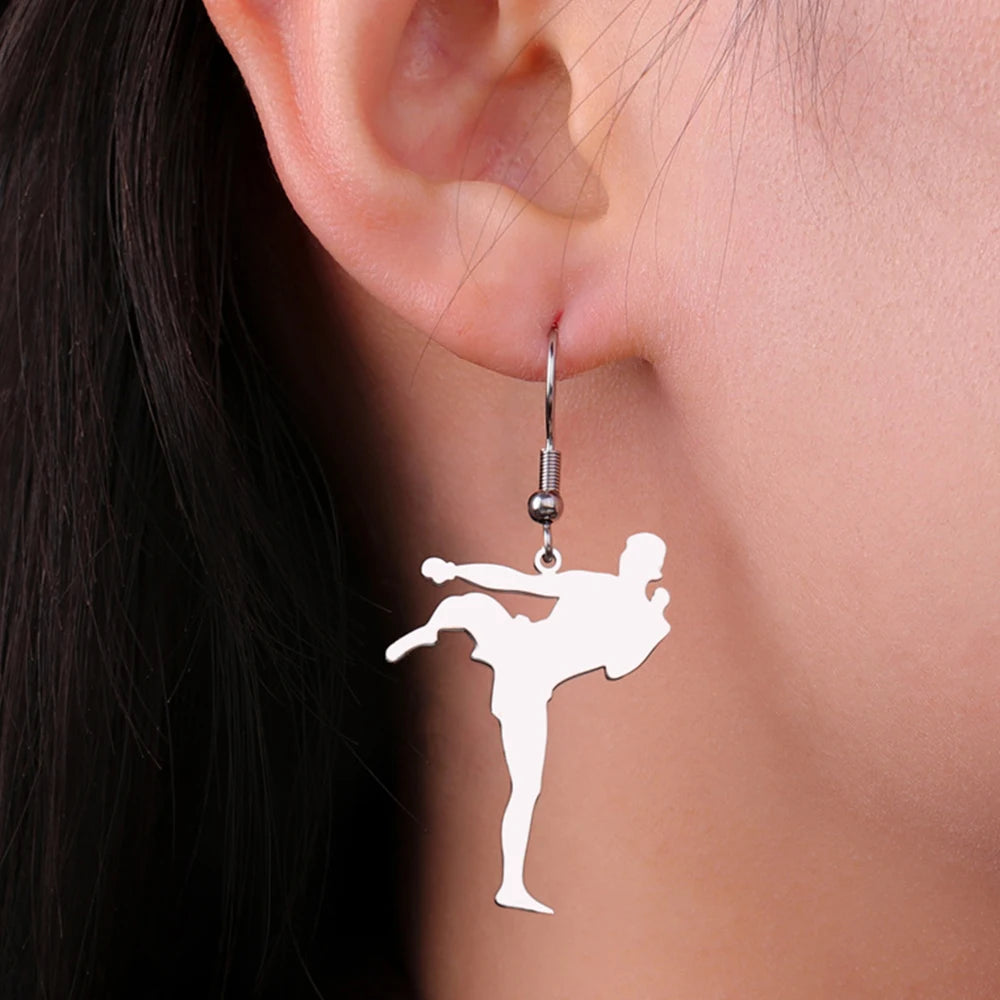 My Shape Karate High Kick Drop Earrings Sports Taekwondo Jiu Jitsu Martial Art Dangle Earrings Stainless Steel Jewelry Girls Gym