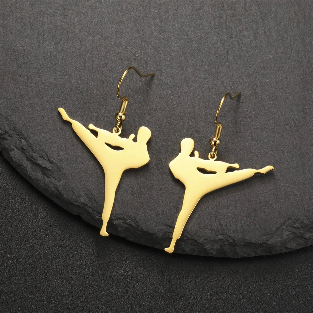My Shape Karate High Kick Drop Earrings Sports Taekwondo Jiu Jitsu Martial Art Dangle Earrings Stainless Steel Jewelry Girls Gym