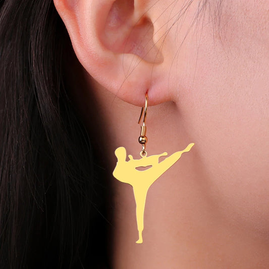 My Shape Karate High Kick Drop Earrings Sports Taekwondo Jiu Jitsu Martial Art Dangle Earrings Stainless Steel Jewelry Girls Gym